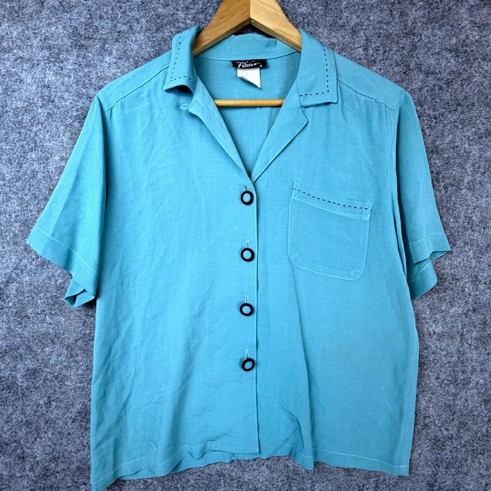 Vintage Carole Little Petites Shirt Womens M/L Light Blue Camp Collar Button Up